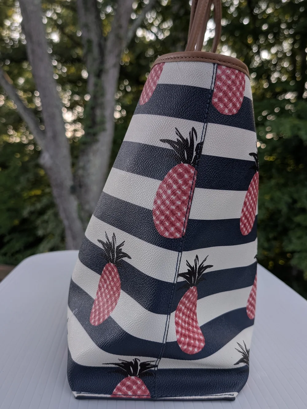 Tory Burch Kerrington Navy Stripe Pineapple Tote Bag - Pink Pineapple Print